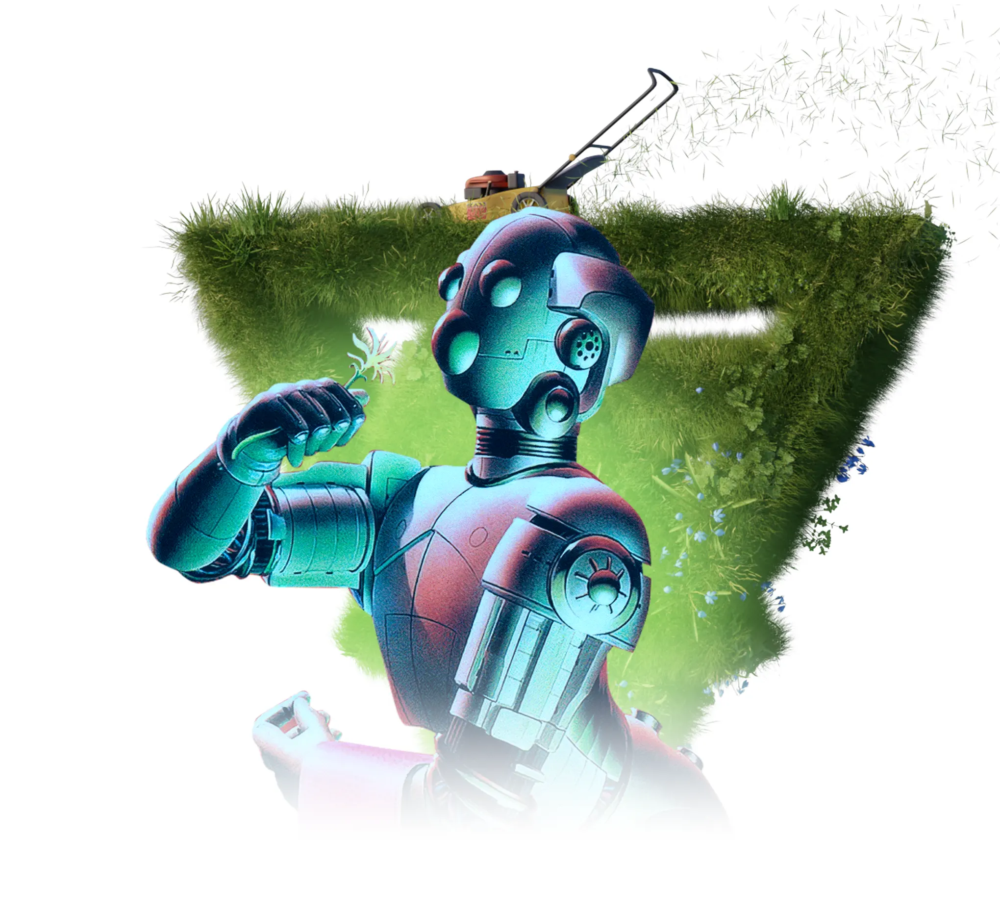 Illustrated robot holding a flower in front of a grass triangle